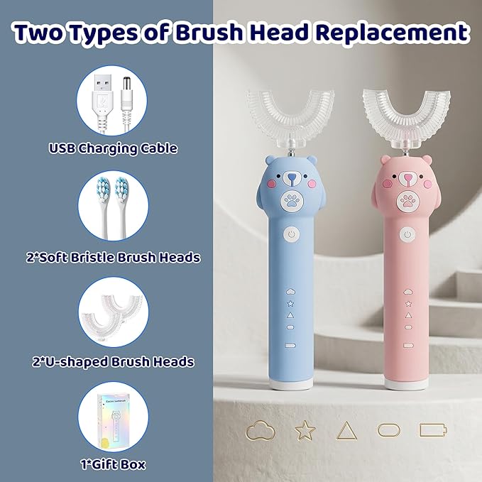 Kids Electric Toothbrush, with 4 Cleaning Modes, with 4 Brush Heads, Toddler U Shaped Toothbrush with 2 Soft Brush Head，Cartoon Bear 360-Degree Cleaning IPX7 Waterproof Design (Ages 2-16)