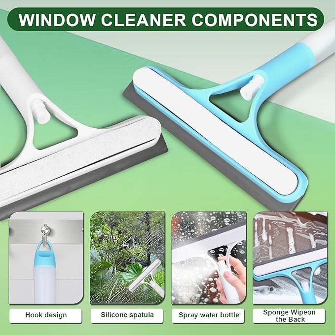 3 in 1 Window Cleaning Scraper, Window Squeegee with Sprayer, Window Cleaning Scraper for Windows, Walls, Car Windshields, Bathrooms, Kitchens, All-Purpose Window Cleaner Tool (Blue)