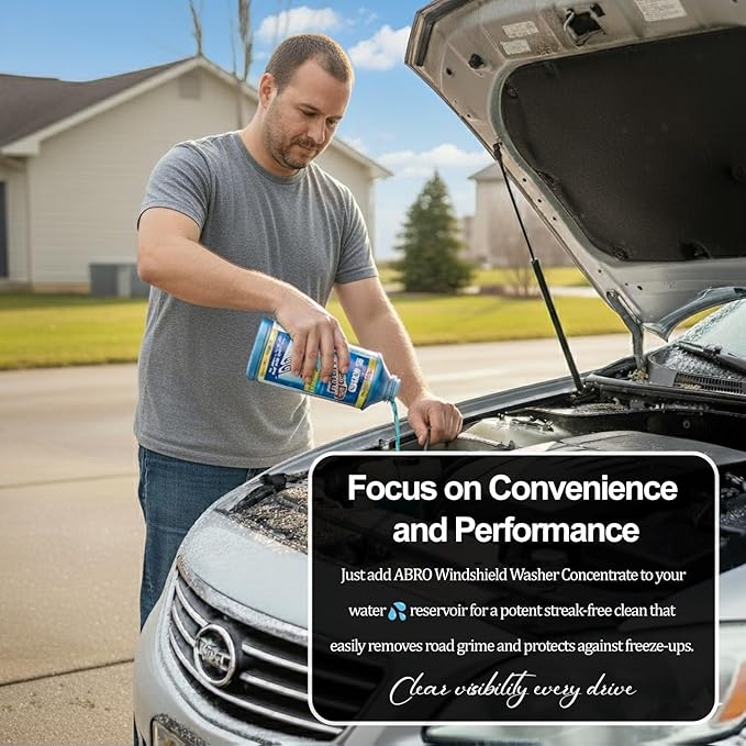 ABRO Windshield Washer Concentrate - 473ml, 2-in-1 All-Season Cleaner & Anti-Freeze, Up to -25°F (-31.5°C) Freeze Protection, Streak-Free Cleaning, Bug and Tar Removal