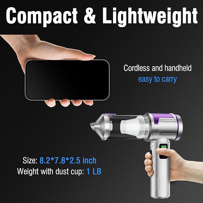 Handheld Car Vacuum Portable Cordless, Hand held Vacuum Cleaner & 22000 Pa High-Power Suction Air Duster for Car Cleaning, Home, Office, Pet Hair | Multi-Nozzle, Washable Filter, LED Light
