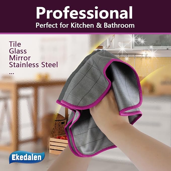 Microfiber Cleaning Cloth Lint Free Glass Cleaner Window Polishing Streak Free Miracle Easy Clean Rag Reusable for Mirror Kitchen Dish Auto Detailing, Grey-Purple