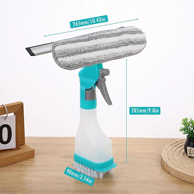 4 in 1 Window Cleaner Tool with Squeegee & Sprayer, 10" Streak-Free Scraper Kit, Portable Multifunction Refillable Bottle for Glass/Shower/Car (Blue)