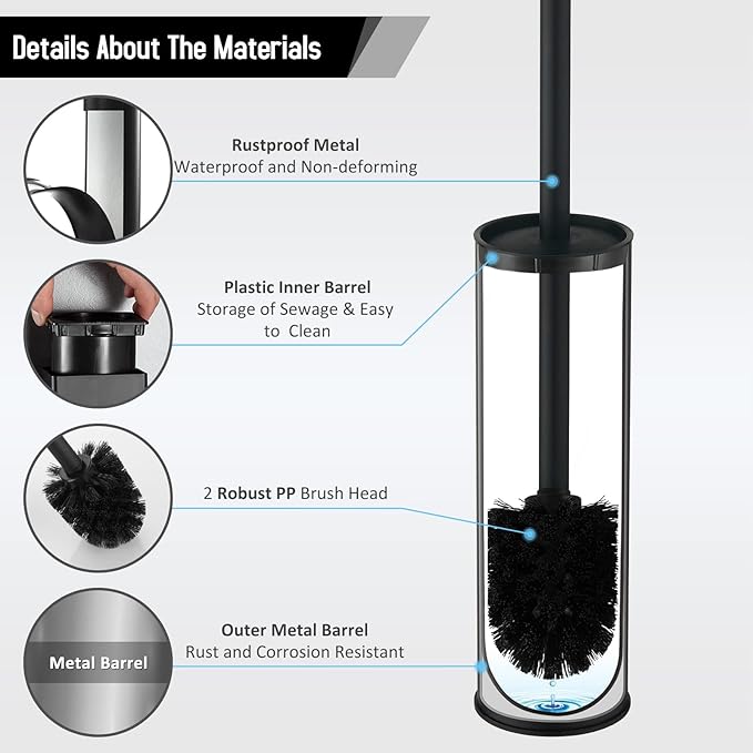 BGL Stainless Steel Toilet Brush with Holder, 2 Black Bristle Heads