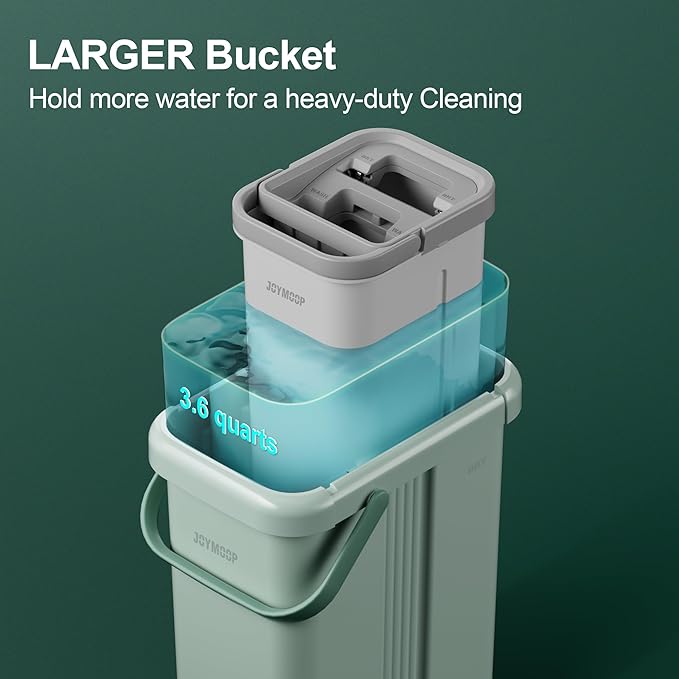 JOYMOOP Flat Mop System, Microfiber Mop and Bucket Set, Green, Commercial & Household Floor Cleaning Mop with Long Handle, Includes 3 Reusable 15" Pads