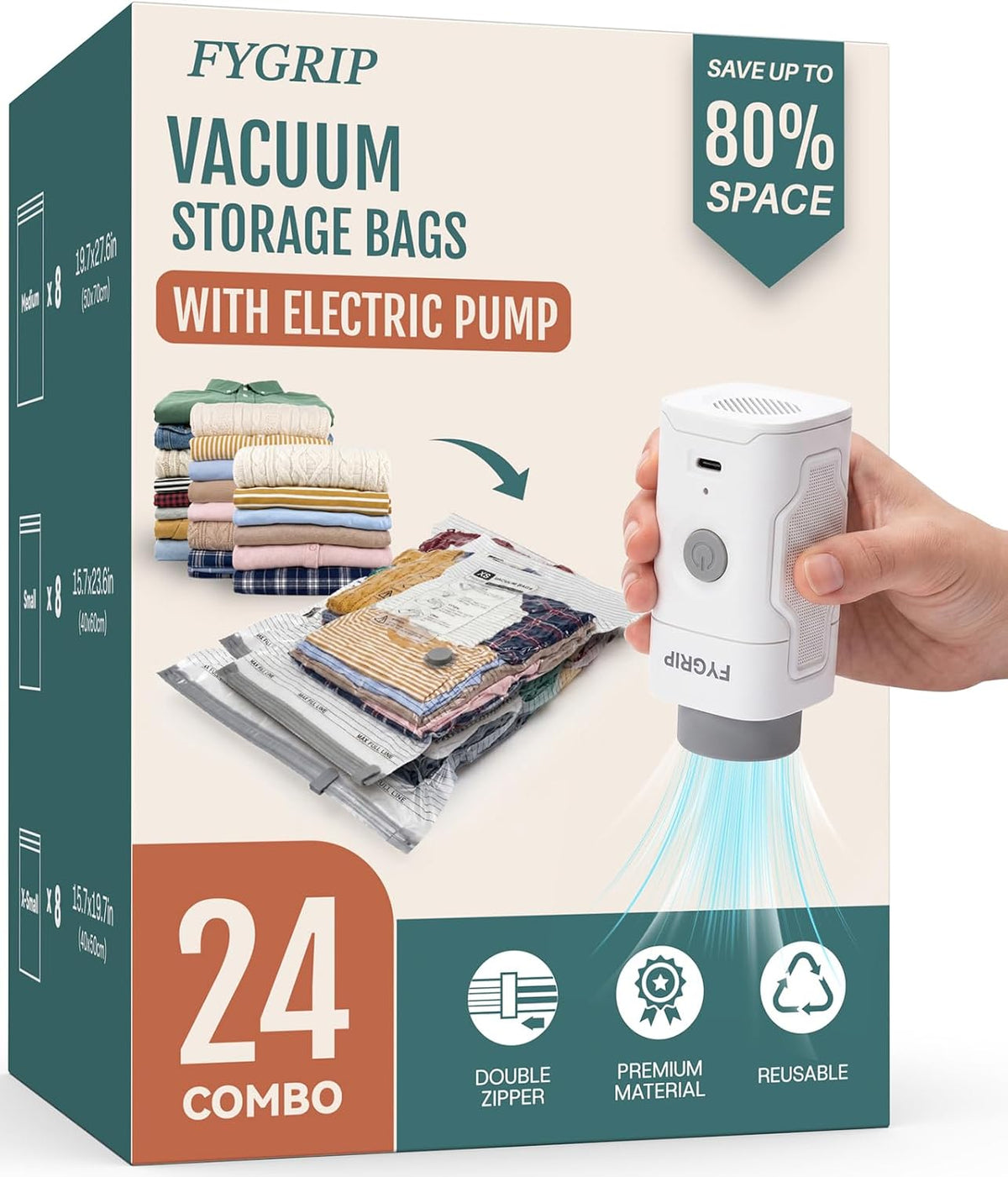 Rechargeable Cordless Pump Vacuum Storage Bags, 24 Travel Combo