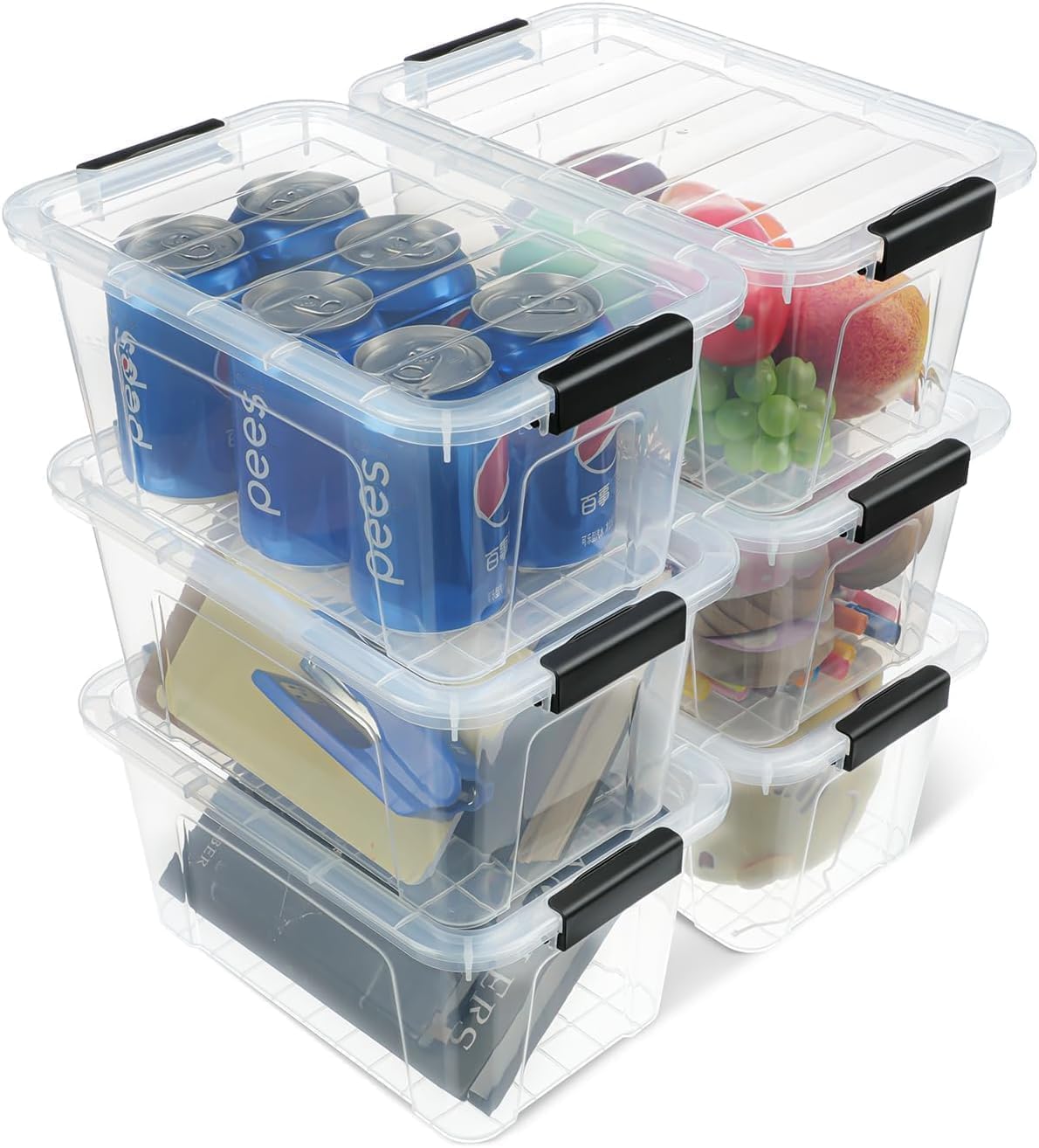 Plastic Storage Bins with Lids 6 Pack, 6.7 Quart Storage Containers With Black Buckle Latch, Stackable Storage Organizers for Home Pantry Office Classroom Organization, Clear