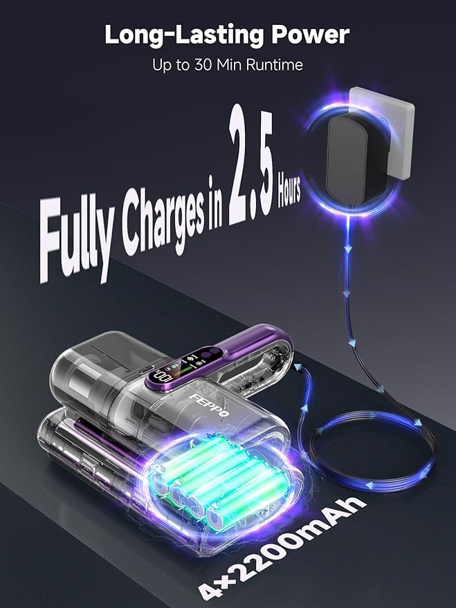 FEPPO Cordless Mattress Vacuum Cleaner, 18Kpa Bed Vacuum with 253.7nm UV-C Light, Ultrasonic, Dust Sensor & LED Display, 52800 BPM Handheld Vacuums for Bed, Sofa, Couch, Crib