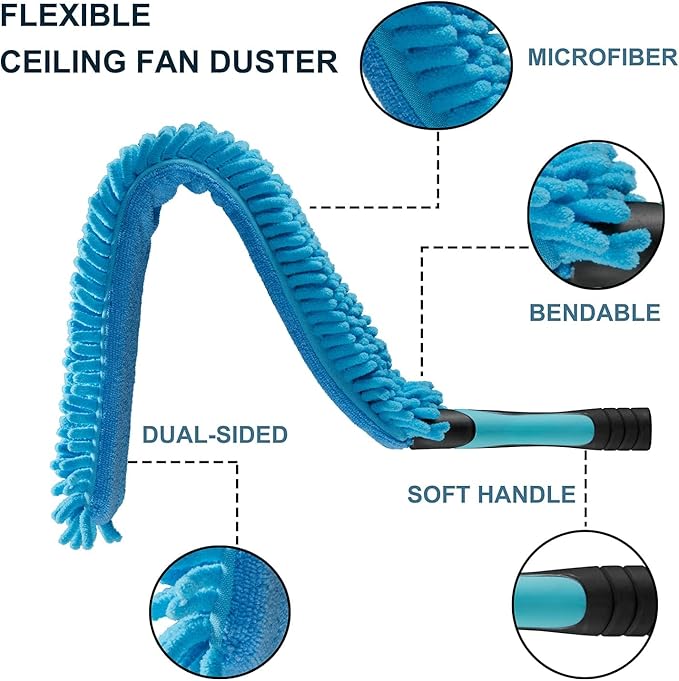 15 Foot High Ceiling Fan Duster with 5-8ft Extension Pole, Extendable Reusable Cobweb, Feather, Window Cleaning Squeegee Kit