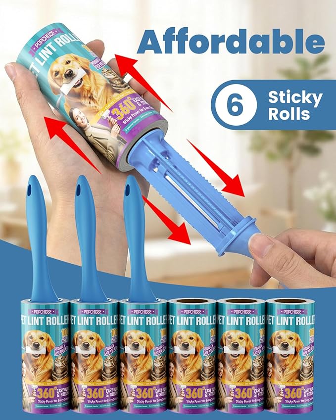 POPCHOSE Lint Rollers for Pet Hair Extra Sticky,600 Sheet Extra Sticky Lint Rollers for Pet Hair,3 Handles & 6 Sticky Rolls,Dog Cat Hair Remover for Clothes,Furniture,Couch,Lint Roller for Clothes