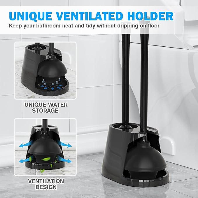 Toilet Plunger and Brush Set, Bowl Brush and Heavy Duty Toilet Plunger with Ventilated Holder, 2-in-1 Toilet Brush and Plunger Combo for Bathroom Deeply Cleaning（Black