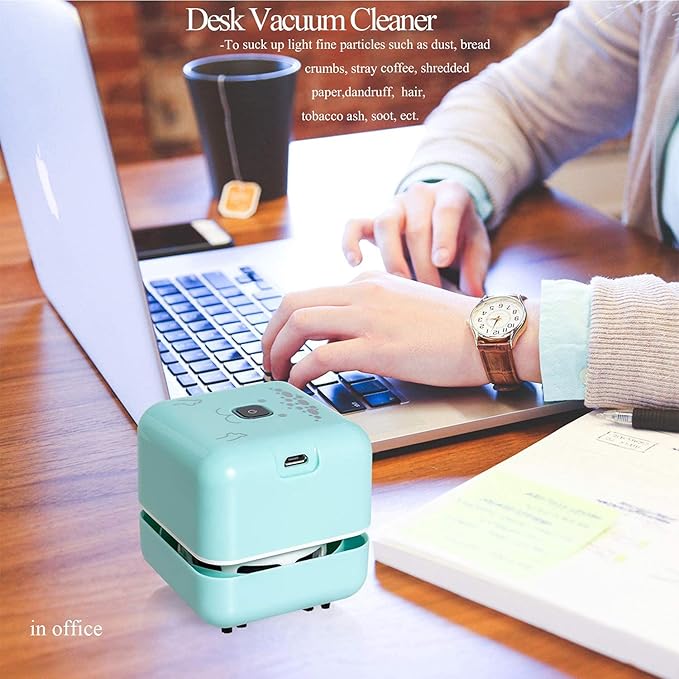 White Elephant Gifts, Mini Desk Vacuum Cleaner, Rechargeable Desktop Vacuum Sweeper with USB Brush as Present to Suck up Fine Particle Bread Crumbs Dust Ash Pet Fur Eraser Waste(Blue)