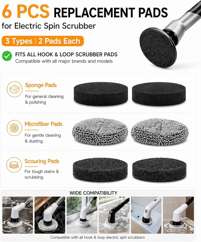 6-Pack Electric Spin Scrubber Replacement Heads, Universal Hook and Loop Cleaning Brush Refill Pads (2 Microfiber, 2 Sponge, 2 Scouring) for Bathroom, Tub, Kitchen and Car (6 Pack)