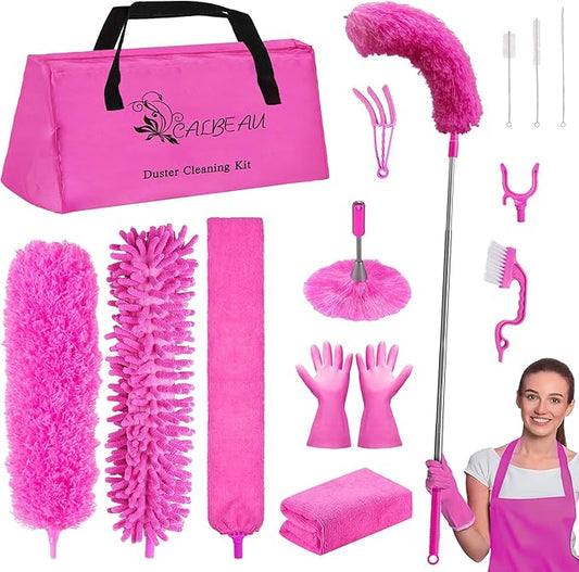 Microfiber Dusters for Cleaning, Feather Dusters with Extension Pole, Bendable & Washable Dusters for High Ceiling Fan, Blinds, Cars, Furniture, Cleaning Tools Kit Pink Gift for Women (15 PCS)