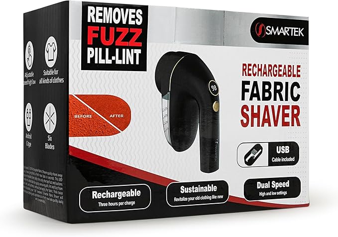 Smartek Rechargeable - Fabric Shaver for Clothes - Lasts for Hours Between Charges - 2-Speeds with High and Low Lint Shaving Modes - Built-in LED Screen - Lint Shaver for Removing Fuzz and Pilling