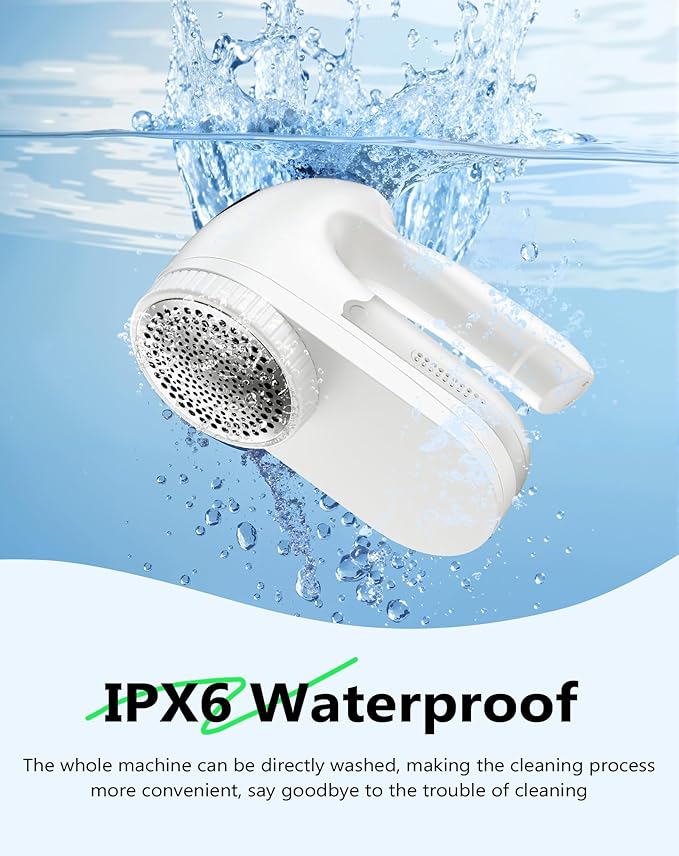 PKBD IPX6 Waterproof Washable Electric Fabric Shaver and Lint Remover, Rechargeable Sweater Defuzzer with 3 Free Extra Blades, Quickly and Effectively Remove Fluff, Fuzz, Bobbles for Clothes, White