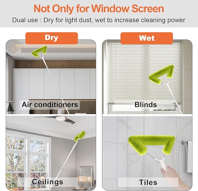 Window Screen Cleaning Brush with 62in Extension Pole, Innovative Fibre Mesh Screen Cleaner for Window Mesh, Patio Screens, Screen Doors, Pool Cage & Fence - Dry or Wet Use