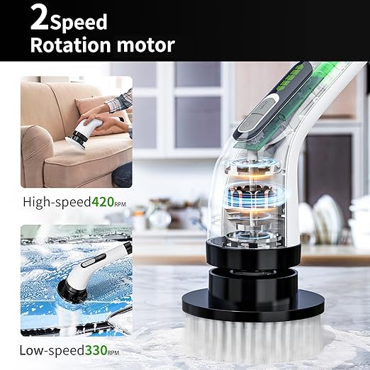 Cordless Electric Spin Scrubber - IPX7 Waterproof, LCD Display, 8 Brush Heads, Adjustable Extension Handle, for Shower, Bathtub, Tile, Grout, Kitchen, Bathroom Cleaning