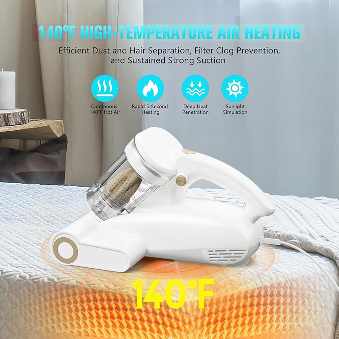 Bed Vacuum Cleaner Mattress Vacuum Cleaner,16Kpa Powerful Handheld Vacuums with UV-C Light & Double Dust Cup & High Heating & Ultrasonic & HEPA Filter for Bed Sofa(Corded,Cream White)