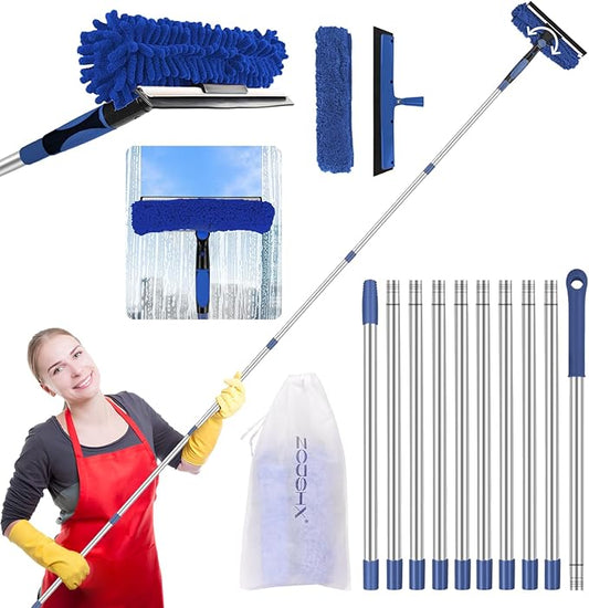 Window Squeegee Tool with Extension Pole: 20+ Feet Microfiber Scrubber Window Cleaning Kit for Rv Truck Bus Car Windshield - 3 to 14 Ft Spliceable Extendable Long Duster for High Outside Solar Panel