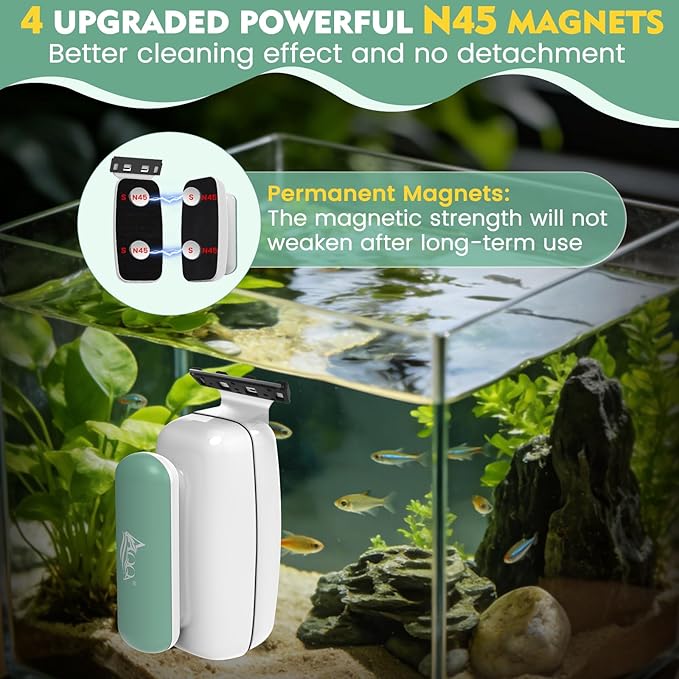 AQQA Aquarium Magnet Glass Cleaner - Enhanced Magnetic Fish Tank Cleaner with 2 Types of Blades, Self-Floating Aquarium Glass Scrubber Algae Scrapers for up 0.32" Thick Glass/Acrylic Aquariums (S)