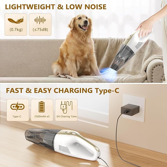 MYUAKO Handheld Vacuum Cordless, 16000Pa 160W Handheld Car Cordless Vacuum Cleaner with LED Screen,30Min Powerful Hand Vacuum Cordless Rechargeable Lightweight Car Vacuum Cleaner High Power