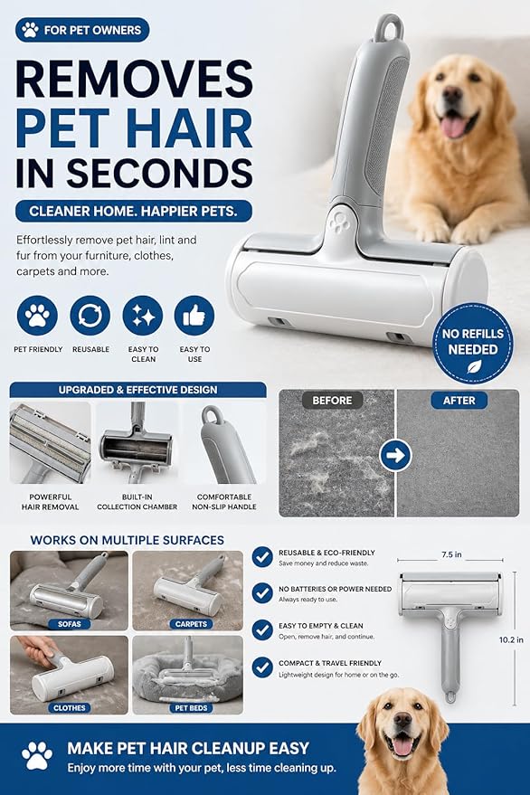 Reusable Pet Hair Remover for Dogs & Cats – Manual Fur Cleaner Roller, No Batteries Needed, Reusable Lint Brush for Couch, Carpet, Bedding & Car