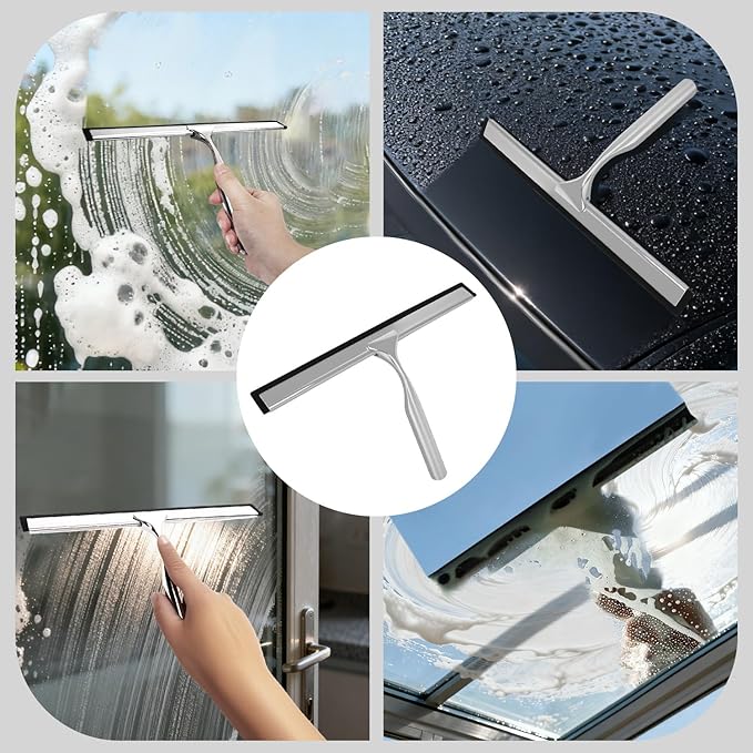 Squeegee for Shower Glass, 10-Inch Shower Squeegee for Glass Doors, All-Purpose Stainless Steel and TPR Rubber for Streak-Free Cleaning on Glass Shower Doors, Mirrors, Windows, Tile and Car Glass