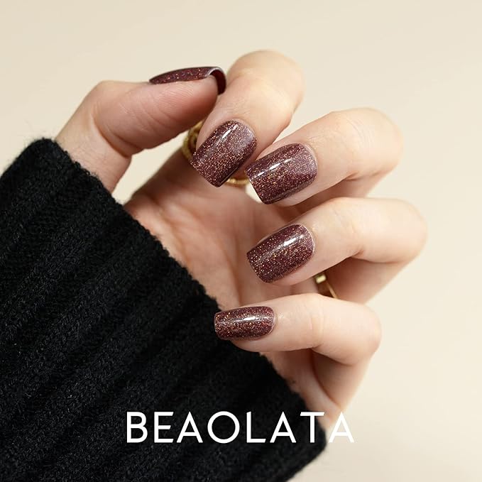 Nail Polish Strips, 32PCS Salon Quality Wraps, Long Lasting Gel Nail Stickers for Women Easy Apply& Remove (Chocolate Brown Glitter)