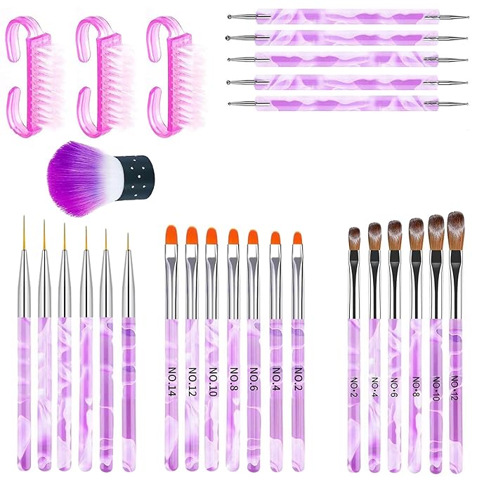 28Pcs Purple Handle Nail Art Brush Set - All-in-One Manicure Tool Kit with Cuticle Brush, Dust Brush, Liner Brush & Builder Gel Brushes for Salon & DIY Nail Art
