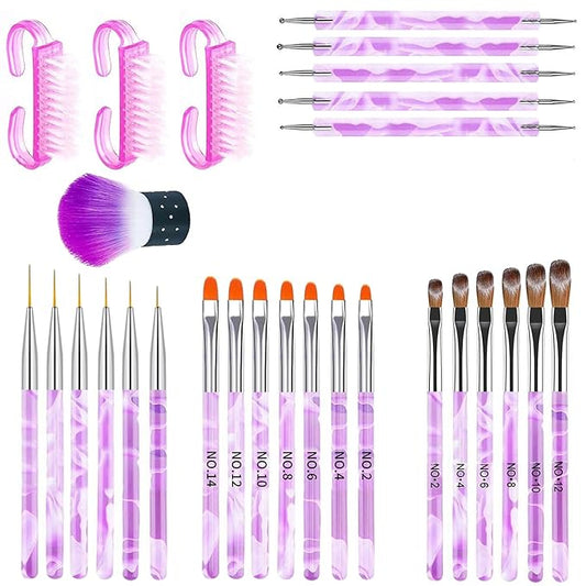 28Pcs Purple Handle Nail Art Brush Set - All-in-One Manicure Tool Kit with Cuticle Brush, Dust Brush, Liner Brush & Builder Gel Brushes for Salon & DIY Nail Art