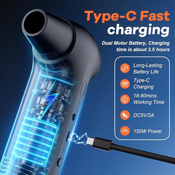 Compressed Air Duster 130000RPM - Rechargeable Electric 2-in-1 Air Blower & Vacuum Cleaner, 3-Speed Brushless Motor, Fast Charging, 4 Nozzles for Computer Keyboard PC Car Electronics Cleaning