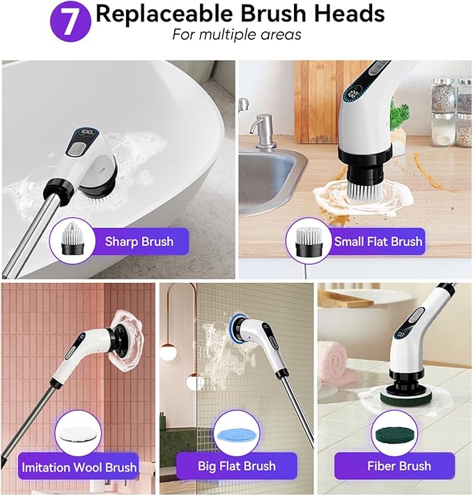 Electric Spin Scrubber Cordless – Powerful Bathroom Cleaning Brush with Long Handle, 2 Speeds, 3000mAh Rechargeable, 7 Brush Heads, Wall Hanger & Crevice Tools – Shower, Tub & Tile Cleaner