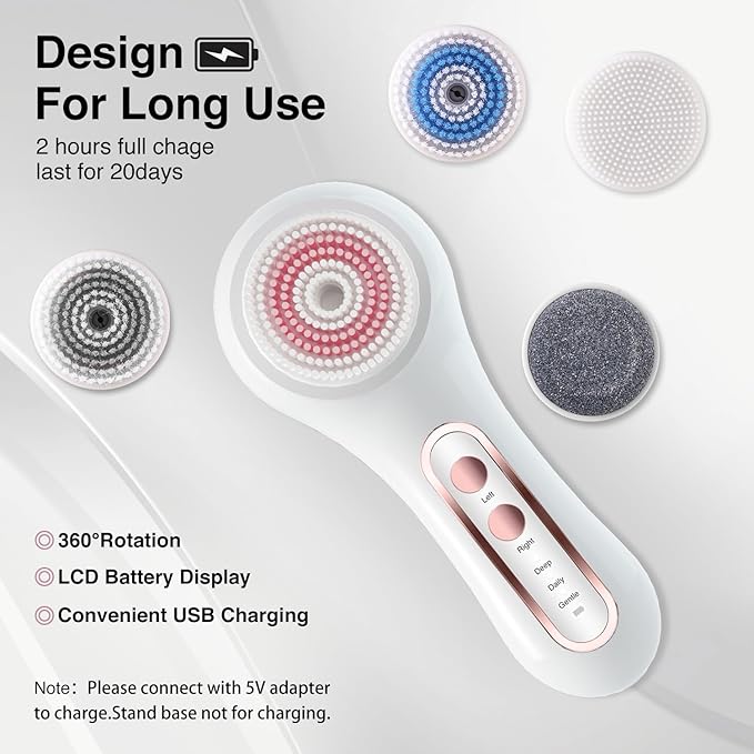 UMICKOO Electric Facial Cleansing Brush, 2-Way Rotating Face Scrubber for Daily & Deep Cleaning, 3 Modes, 5 Brush Heads, Rechargeable, IPX7 Waterproof for All Skin Types