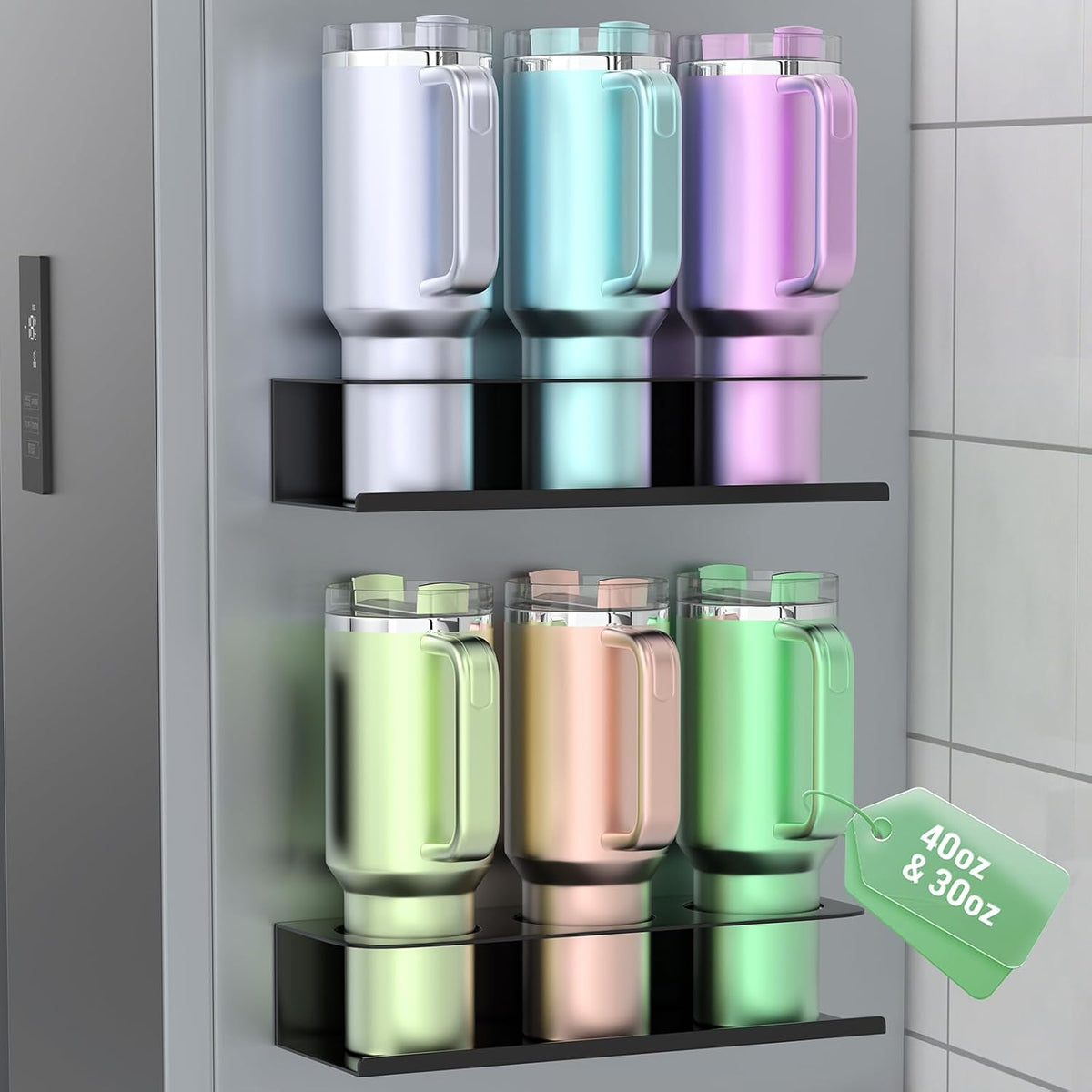 2 Pack Magnetic Stanley Cup Holder for Fridge, Water Bottle Organizer for Tumbler with Double Sided Tape Hold Stanley Cup Accessories for Kitchen Cabinet Wall