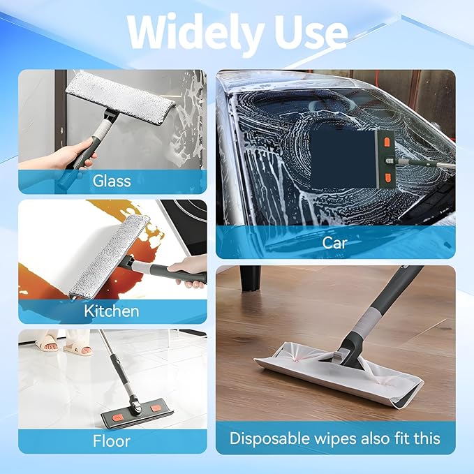 Window Cleaner Tool Window Squeegee Cleaning Kit with Extension Pole 57" Long Handle Rotatable High Windows Washing Kit for Home Indoor & Outdoor, Detachable Washer Tool Squeegee for Car Shower Glass