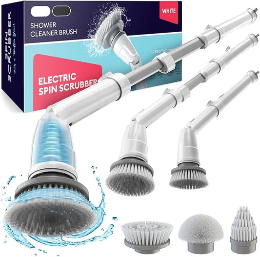 Electric Spin Scrubber, 360 Cordless Powerful Scrub Brush for Cleaning Bathroom, Tile, Floor, Tub & Shower with Adjustable Extension Handle and 3 Replaceable Rotating Brush Heads (Packaging May Vary)