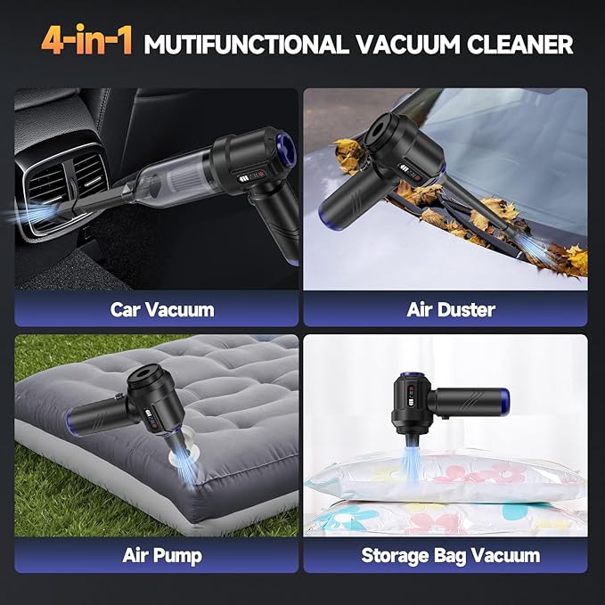 Car Vacuum Portable Cordless High Power Small Handheld Vacuum Cleaner 4-in-1 Compressed Air Duster & Air Blower & Pump Hand Held Mini Vacuum for Christmas Cars,Office,Home Cleaning