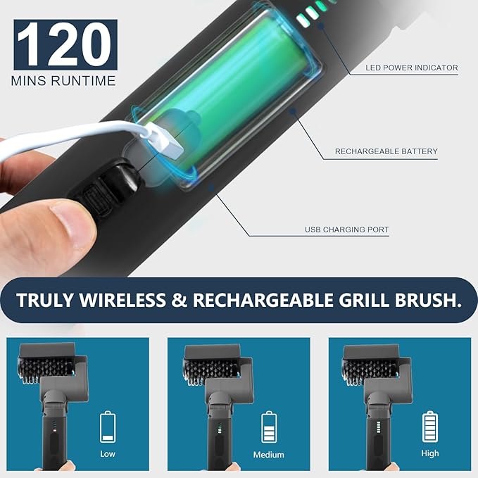 Electric Grill Brush for Outdoor, 3-Speed Control, 304 Stainless Steel Cordless BBQ Grill Brush with No-Shed Bristles, 150-Mins Runtime Grill Cleaning Brush for Deep Cleaning Grates (Black)