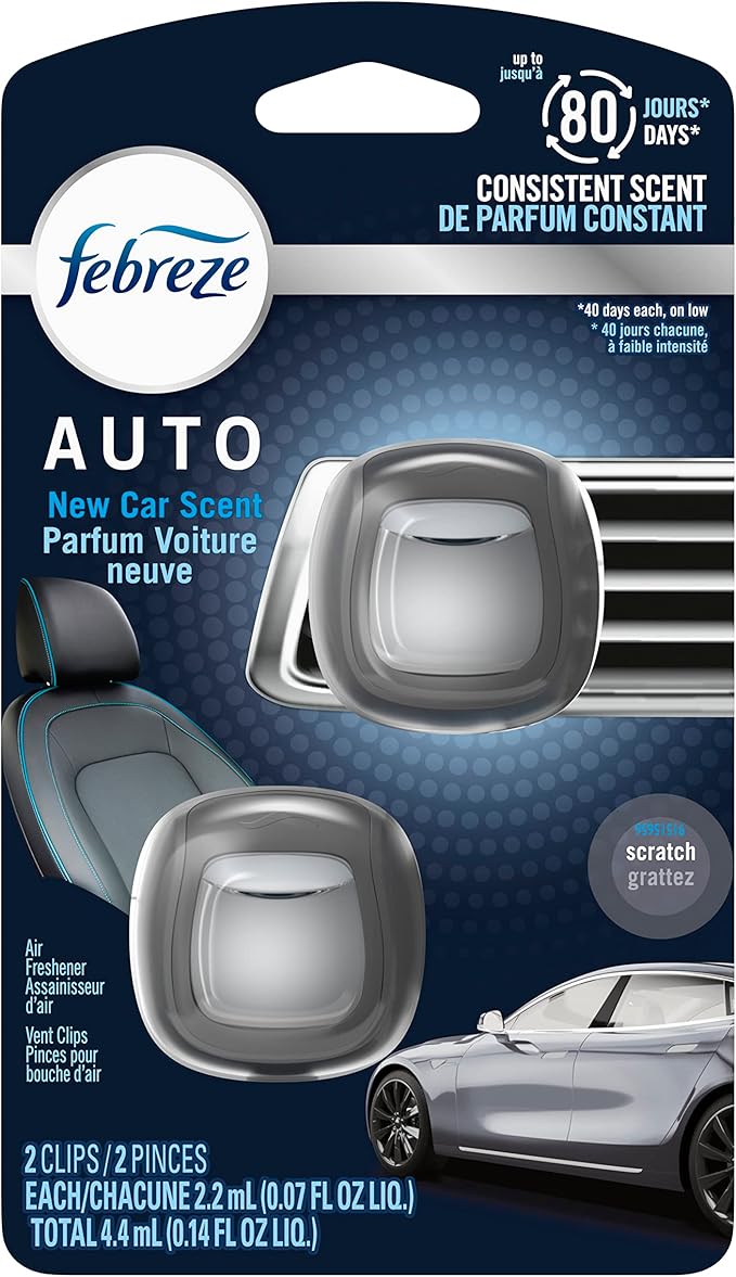 Febreze AUTO Air Freshener, Odor-Fighting Automotive Vent Clip, Scented Car Accessories, Long Lasting for Strong Odors, New Car Scent, 2 Count