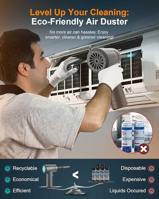 BNKKY 11-in-1 Compressed Air Duster, 3-Gear Adjustable 120000 RPM Electric Air Duster with LED Light, Reusable no Canned Keyboard Cleaner for Office, 9000mAh Cordless Air Duster for Computer/Car