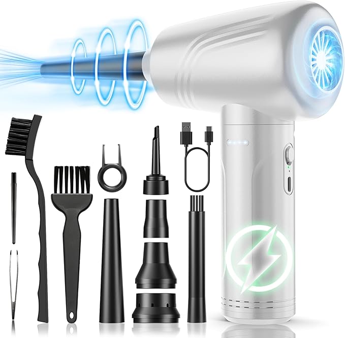 11-in-1 Compressed Air Duster, 3-Gear Adjustable 120000 RPM Electric Air Duster with LED Light, 9000mAh Reusable no Canned Keyboard Cleaner for Office
