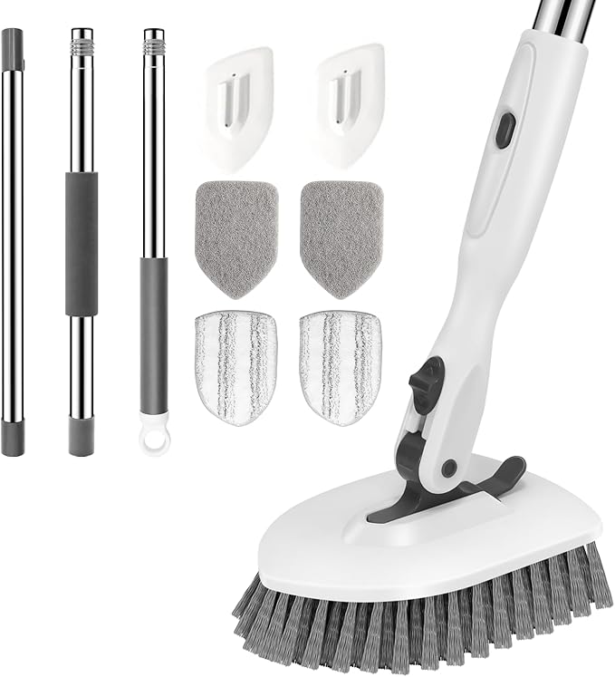 SetSail Floor Scrub Brush, 3-in-1 Tile Tub Floor Scrubber with 52-inch Adjustable Long Handle Shower Cleaner Brush and 4 Detachable Replacement Brush Heads for Cleaning Bathroom Tub Tile, White Grey