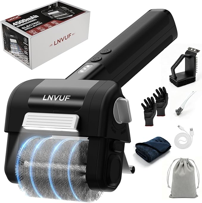Electric Grill Brush, Grill Cleaner with LED Light, with 800 RPM Motor, 304 Removable Stainless Steel Brush Head, Cordless & Type-C Rechargeable for BBQ, Heavy Duty Grill Cleaning Tool (Grey Black)