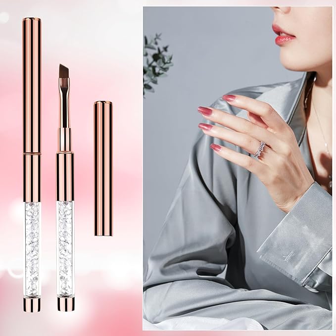 2Pcs Oval & Angled UV Gel Nail Brush Nail Art Clean Up Brush Rhinestone Handle Nails Art Design Brushes Drawing Pen Gel Brushes for Nails