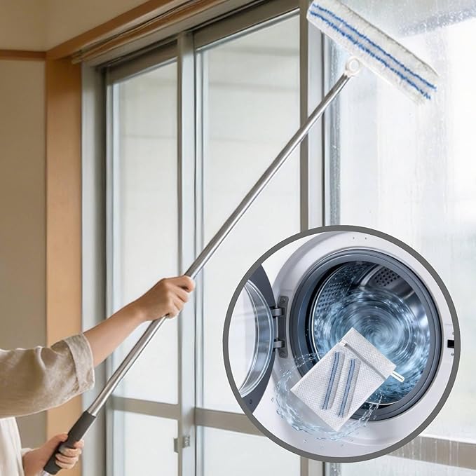 Shower Squeegee for Glass Doors, Telescopic 2-in-1 Squeegee for Window Cleaning with Microfiber Scrubber for Bathroom, Tile Wall, Car Windshield