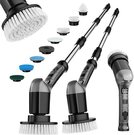 Electric Spin Scrubber with 3 Speed, Adjustable Extension Handle, 8 Brush Heads,Cordless Power Cleaning Brush for Bathroom, Tile, Kitchen-Grey