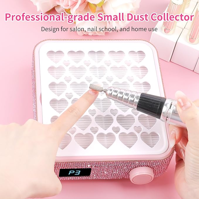 BQAN Nail Dust Collector Portable for Home & Salon - 4200RPM Vacuum with Reusable Filter, for Acrylic Drilling Dust Beginner Friendly Small Manicure Tool (Pink Rhinestones)