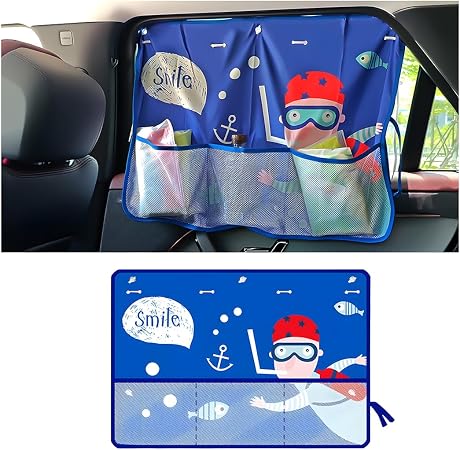 Car Window Shade, Vehicle Sunshade Curtain with Storage Pockets & Suction Cups for Baby, Cartoon Pattern Auto Interior H