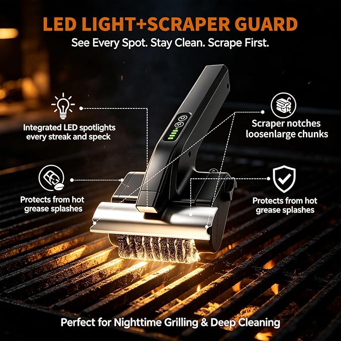 Electric Grill Brush, High Torque BBQ Bristle-Free Cleaner – Rechargeable Cordless with LED Light, Splash Guard & Scraper, Heavy Duty Grill Cleaning Tool for Outdoor Grill, Gift for Men Dad