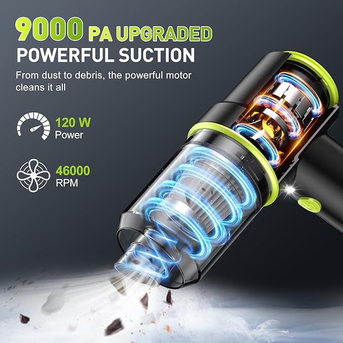 KMM Handheld Car Vacuum Cleaner, 9000PA Vacuum Cleaner & Air Duster, 120W High Power Vacuum Portable Cordless, Hand Held Vacuum Rechargeable with Multi-Nozzles & LED Light for Home, Car, Office